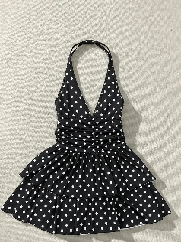 Vintage Polka Dot sukienka wiązana na szyi dla kobiet głęboki dekolt w kształcie litery V, bez pleców, marszczona talia, wielowarstwowa sukienka z falbaną, impreza retro na co dzień, krótkie sukienki — image 3