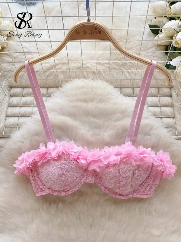 2024 Sensual Mesh Lace Lingerie Three Pieces Sets Women Floral Strap Mini Bra+Thongs Hollow Out Sexy Underwear Suits — image 3