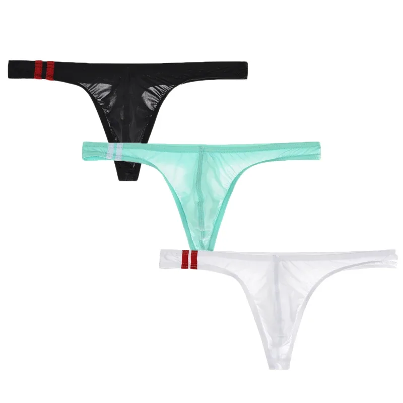 3Pcs/lot Sexy Underwear Men's T-Back Underpants Thongs G-String Ice Silk Breathable Male Bikini Panties U Convex Pouch Undies — image 2