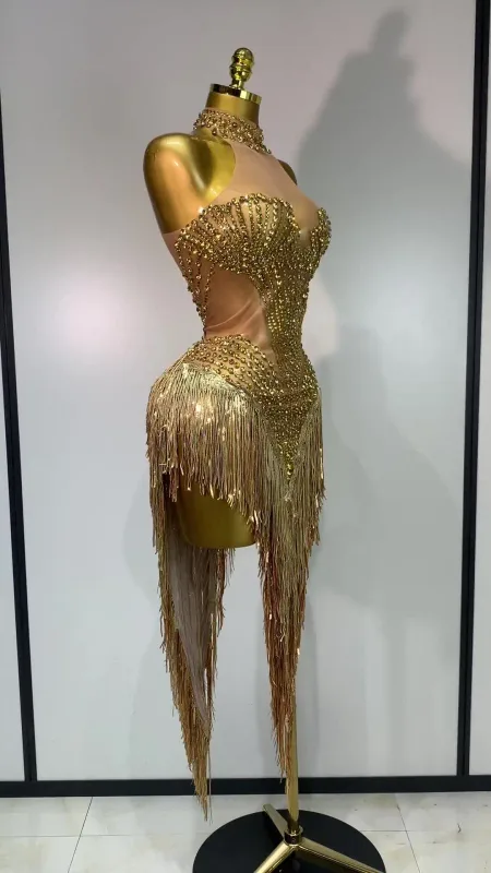 Sexet scenekostume Glitrende Rhinestone Mesh Gennemsigtige pailletter kvast Aften Fødselsdagsfest Natklub Dans Sanger Outfit — image 8