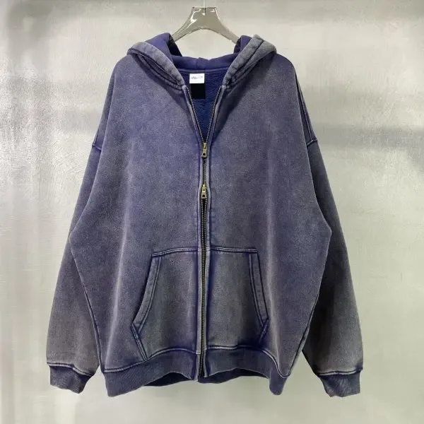 Spring Autumn New Fahsion Men's Casual Trendy Loose Solid Color Waxed Hooded Hoodies American Zipper Washed Vintage Coat Male — image 3