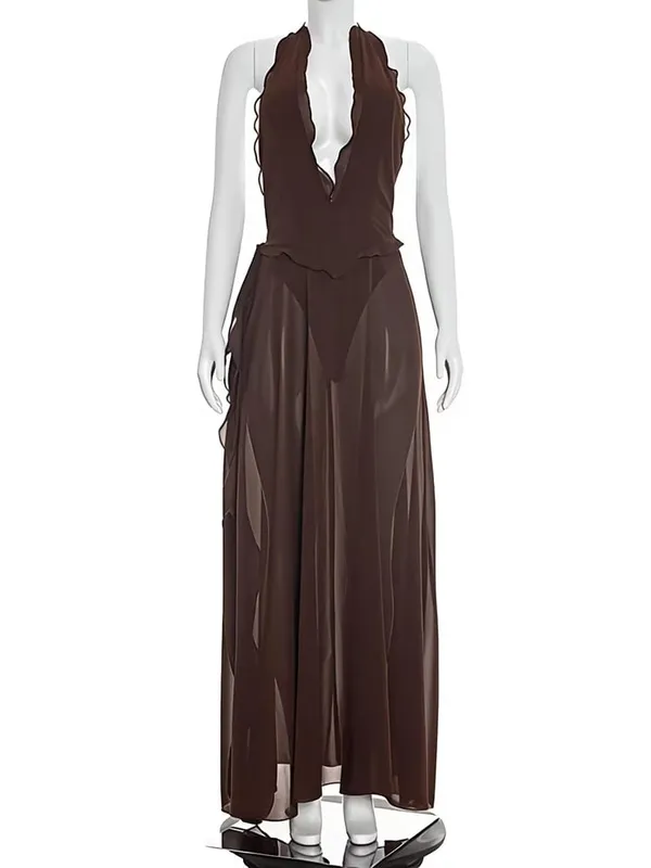 Mozision licou col en V profond dos nu Sexy robe Maxi femmes élégant épaules dénudées sans manches haute fente Club fête longue robe — image 6