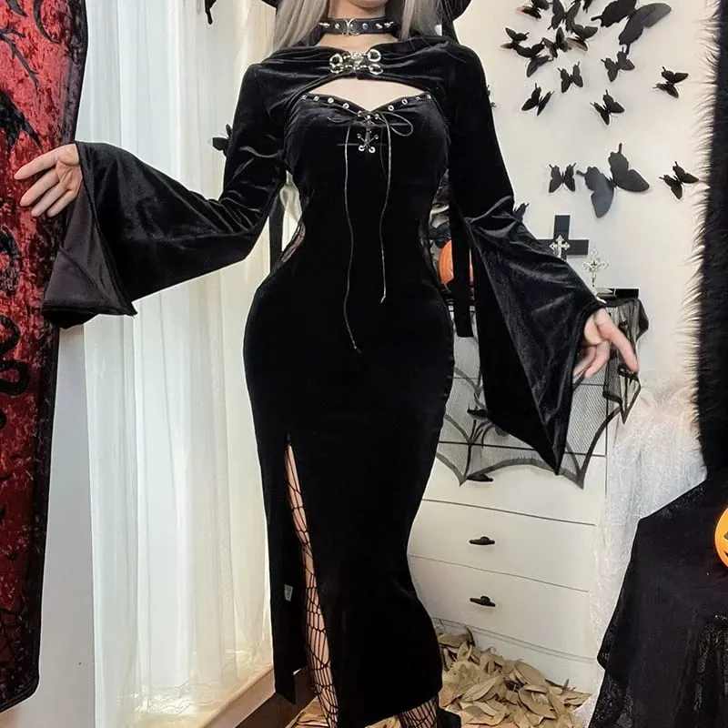 Halloween Costume Women Batwing Sleeve Floor Dress Black Gothic Evil Terror Maxi Mistress Morticia Addam Family Outfit For Adult — image 8