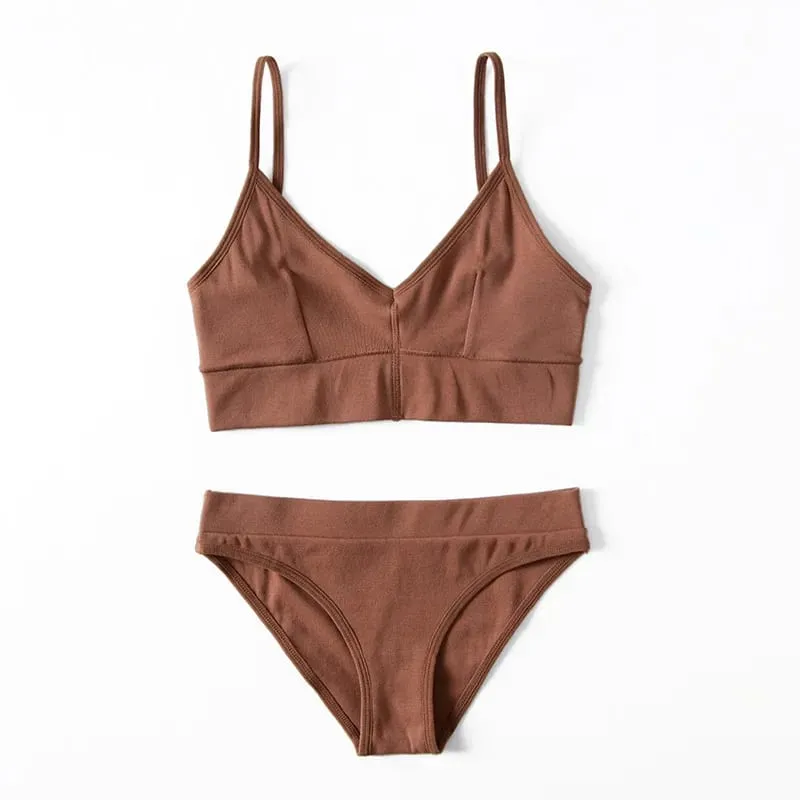Solid Color Women Underwear Set Thin Strap V Neck Bra Briefs Soft Stretch Lingerie Sleep Outfit — image 6