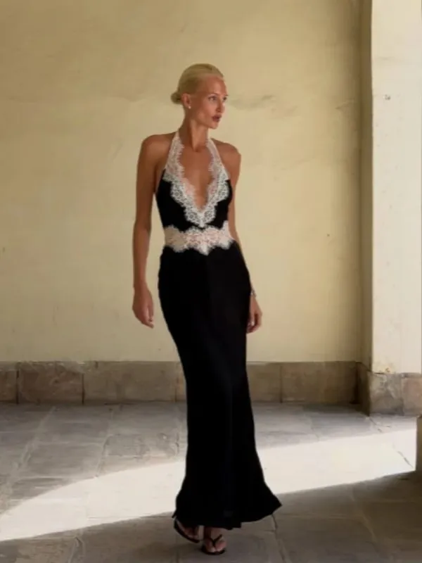 Sort Lace Patchwork Halter Neck Maxikjoler V-hals Ærmeløs Rygløs Højtalje Lang Kjole 2026 Elegant Party Club Outfits