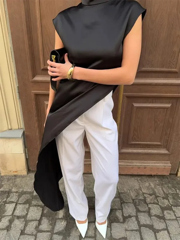 Tossy Casual Sleeveless Satin Maxi Dress Female Turtleneck Patchwork Slim Fashion Solid Commute Dress For Women Long Dress 2025 — image 7