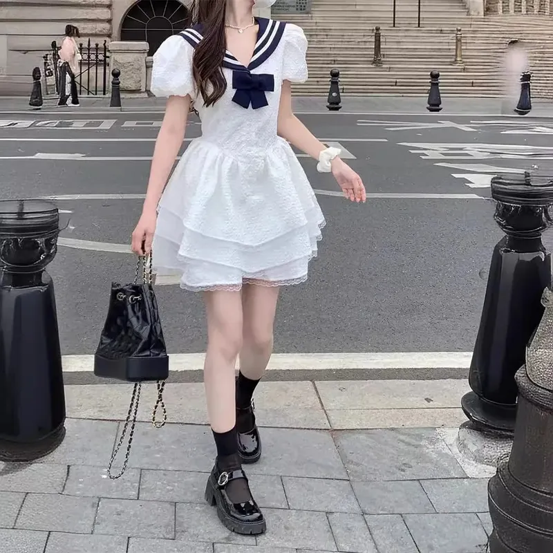 Women's White Sailor Collar Navy Bow Dresses Bubble Sleeve Tiered Ruffle Short Dress Sweet Casual Cute Style Dress — image 4