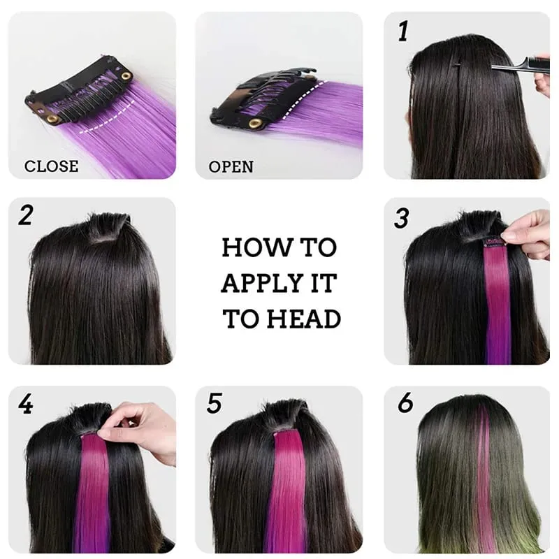 12pcs Colorful Bright Pink Hair Extensions Clip in Colored Party Highlights Extension Synthetic Hairpieces Straight for Women — image 6