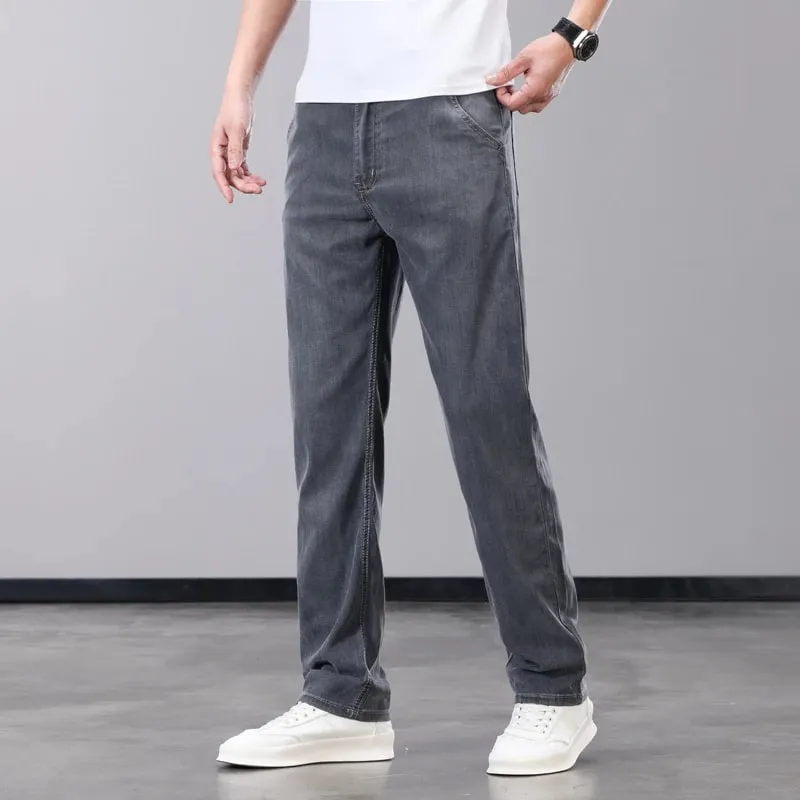 Summer Thin Men's Jeans Lyocell Fabric Soft Breathable Straight Denim Pants Brand Man Elastic Ice Silk Casual Trousers Grey Blue — image 2