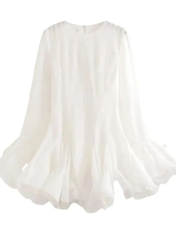 2026 Summer Women's Elegant Multi-Layered Ruffled Hem Mini Dresses Lady Sweet French Style Long Flare Sleeve Slim Fit Puffy Robe