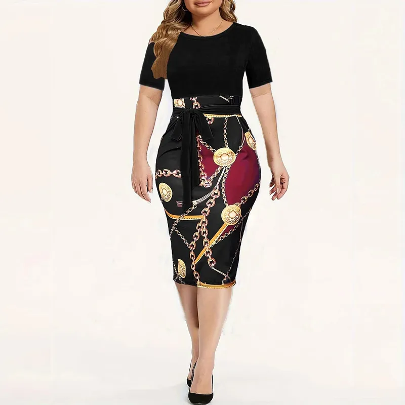 Commuter wrap-around dress Women's Colorblock Chain Print Short Sleeve Round Neck Slight Stretch Slim Fit Mini Dress With Belt