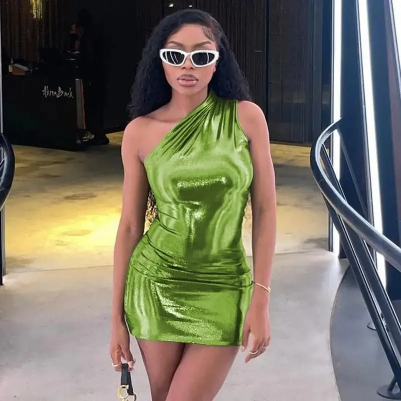 Wome Inclined Shoulder Solid Glitter Bodycon Dress Summer Sexy Slim Mini Sleeveless Dresses Casual Party Club A-Line Vestidos — image 11