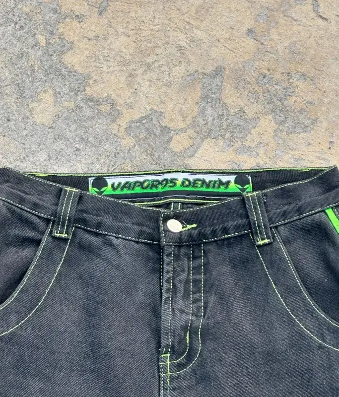 Vintage Men Jeans Gothic High Waist Wide Trouser Harajuku Vapor95 Denim Pants Embroidered Baggy Jeans Streetwear Y2K Jeans
