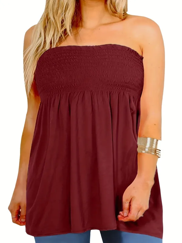 Top de tubo plisado de cintura alta para mujer, ropa informal de verano de Color sólido, talla grande