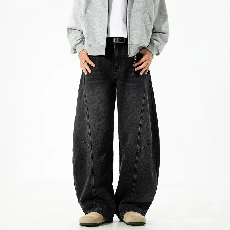 Autumn Retro Structured Split Washed Distressed Curved Jeans with Men's Silhouette Loose Straight Leg Pants Trendy Street Style — image 4