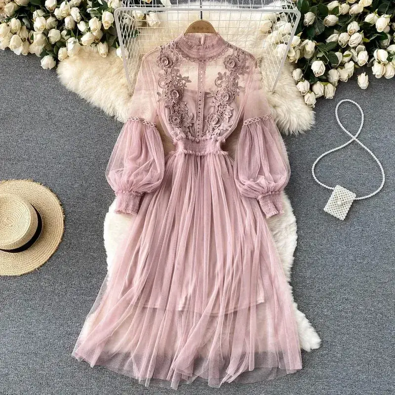 Ladies Dress Three-dimensional Flower Hook Mesh Temperament Stand Collar Lantern Sleeve High Waist Slim Female Dresses — image 10