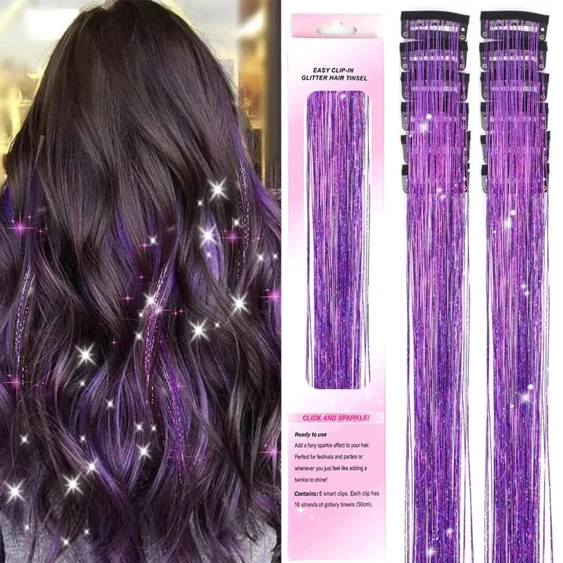 12Pcs Purple Clip in Tinsel Hair Extensions Hairpiece Colored Hair Tinsel Kit Party Highlights Hair Accessories for Women&Kids