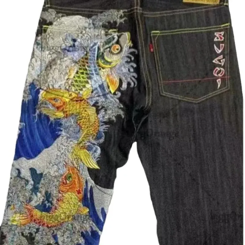 Japanese hip-hop Brocade carp printed jeans same style couple washed high waist retro casual loose ins straight wide leg pants — image 6