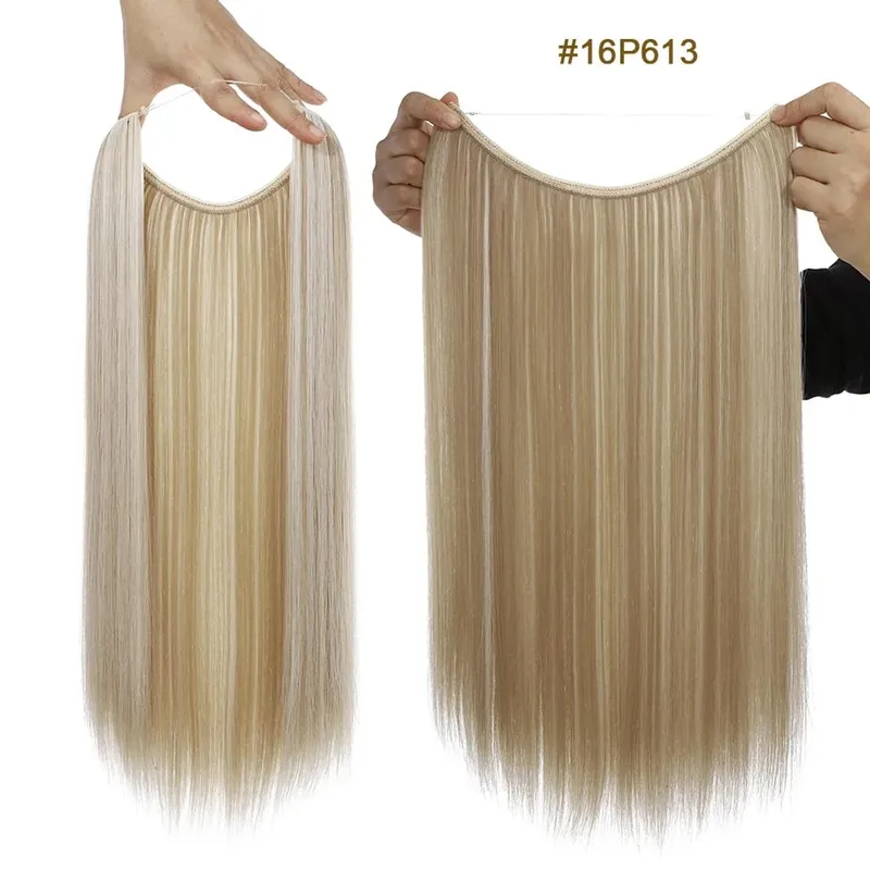 Synthetic Invisible Wire Hair Extensions Transparent Wire AdjustableLong Wavy Curly Secret Hairpiece 20 Inch for Women