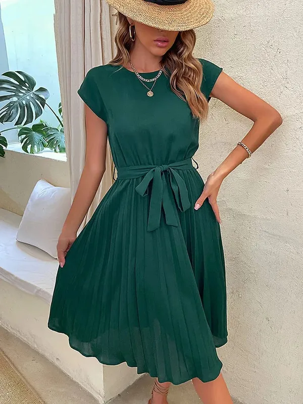 Elegant Women Summer Casual Beach Sundress Short Sleeve Pleated Midi Dress Soild Colour O Neck Tunic Dresses Fashion — image 1