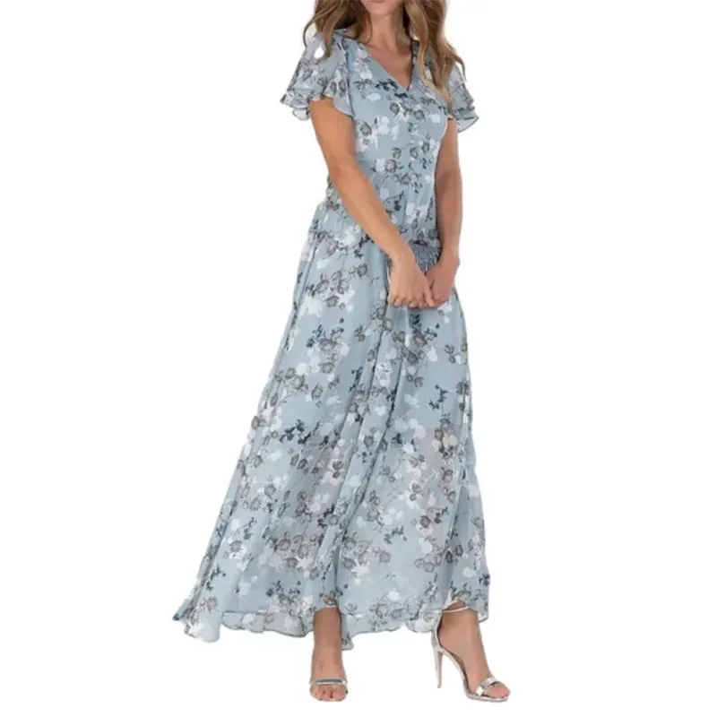 Women Elegant Ruffle Short Sleeve V Neck Pullover Dresses Sweet Style Small Flower Print High Waist Dress Female New Casual Gown — image 2