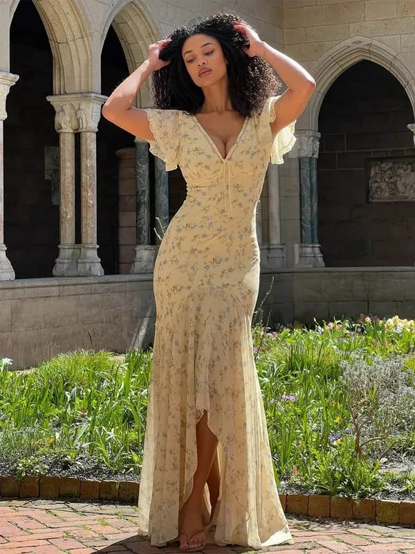 Abito lungo in chiffon con stampa floreale da donna Abito romantico con scollo a V profondo con maniche svolazzanti Abito alto e basso in pizzo 2026 Abito elegante da donna estivo — image 3