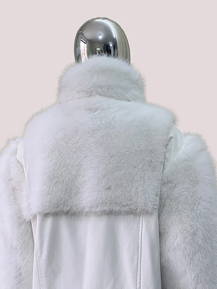 Mauroicardi Autumn Winter Short Thick Warm White Pu Leather Patchwork Faux Fur Coat Men Stand Collar Zip Up Fluffy Jacket 2025 — image 5