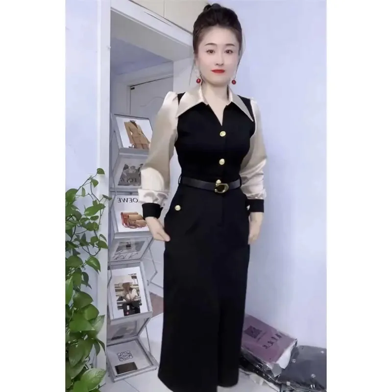 Spring Autumn New Fashion POLO Collar Long Sleeve Patchwork Women's Clothing Color Blocking Button Temperament Thin Slim Dresses