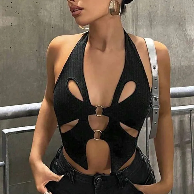 Sexy Black Halter Women's Y2k Crop Tops Sleeveless Hollowing Out Backless Fashion Female 2024 New Summer Grunge Slim Tank Tops