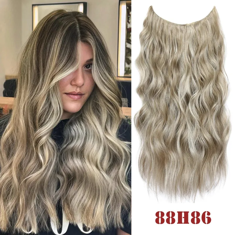 Invisible Wire Hair Extension Wavy Curly Synthetic Hairpiece Long 20Inch Fish Line Hair With 2 Clip-In One Piece For White Woman — image 14