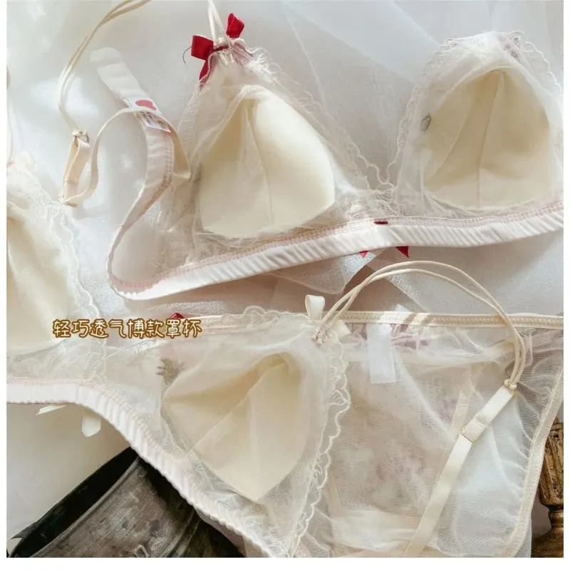 French Sexy Lace Embroidery Lingerie No Underwire Bra Set Cute Bow — image 4