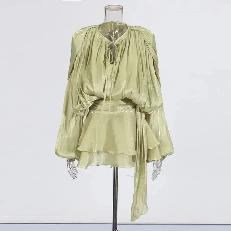Solid Patchwork Lace Up Blouse Mini Dresses For Women V Neck Long Sleeve Sweet Style Dress Female Clothing Fashion — image 7