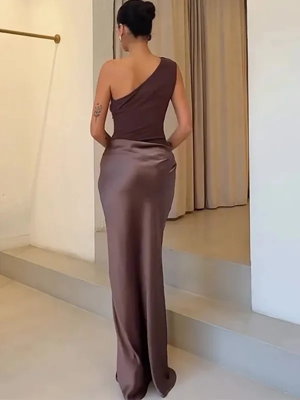 MO Patchwork Satin Sexy One Shoulder Women Maxi Dress Brown Sleeveless Evening Dress Summer Slim Elegant Party Clubwear — image 3