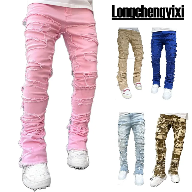 Men's Regular Fit Stacked Jeans Ripped Slim Fit Patch Distressed Destroyed Straight Denim Pants Hip Hop Streetwear Trouser Cloth — image 3