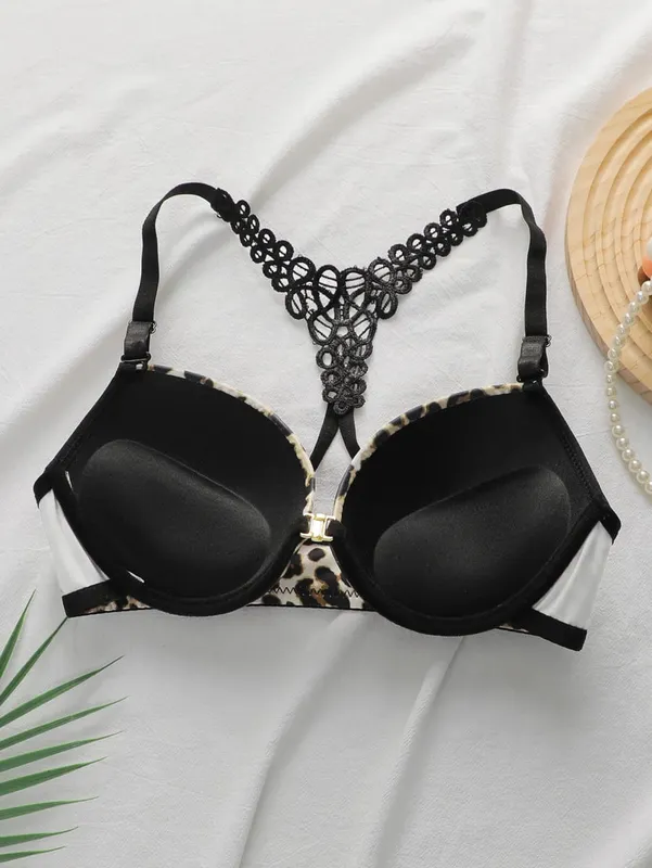 BH-Set mit Leopardenmuster, Vorderverschluss und Bügel, Push-up-Dessous-Set für Damen, sexy Spitzen-Bralette und Höschen, zweiteiliges Outfit