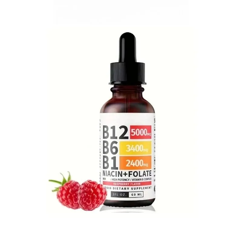 Vitamin-B12-Flüssigkeitstropfen, 60 ml, Himbeergeschmack, mit Vitamin B6+B1 usw. Multivitamin unterstützt die Energierückgewinnung und die Gesundheit des Gehirns und des Herzens
