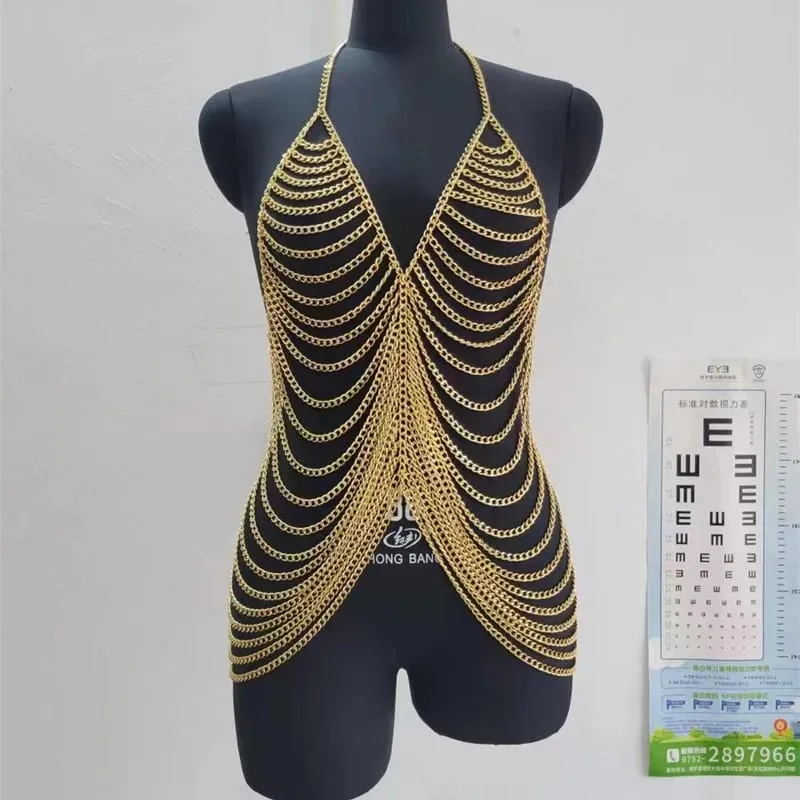 Women's Chainmail Halter Mini Dress Backless Metal Body Chain Beach Clubwear Sexy Festival Party Outfit Multi-Layered Vestidos
