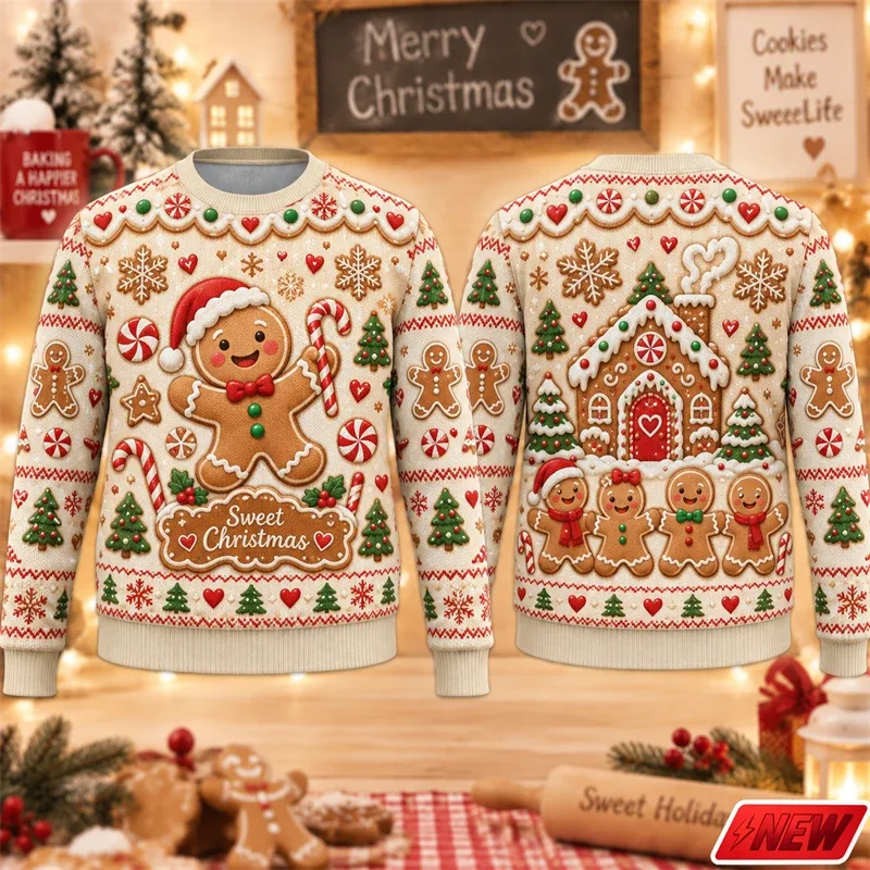 Christmas Ugly Sweater Men Holiday Gift Trendy 3D Print Funny Skateboarding Gingerbread Man House Pattern Pullover Unisex Hoodie — image 7