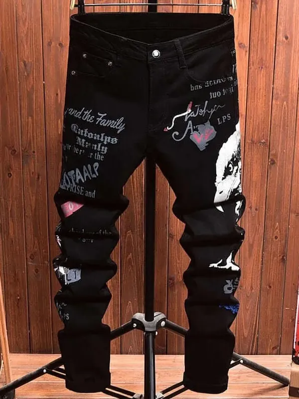 2025 Spring and Autumn New Fashion Trend Printed Black Straight Leg Jeans Men's Casual Comfort Breathable High Quality Pants — image 2