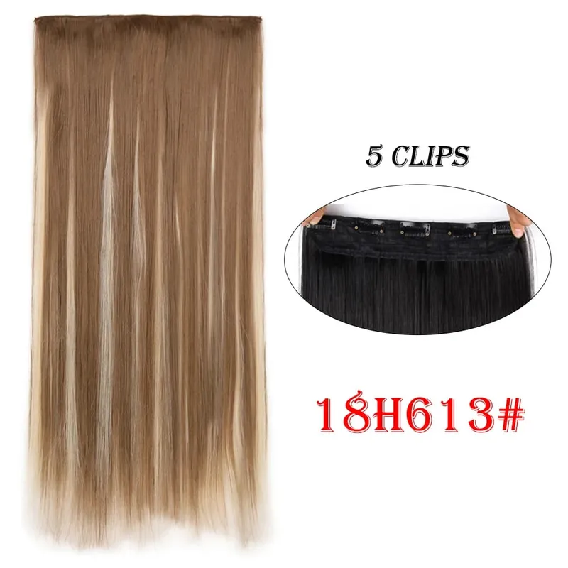 One Piece Clip In Hair Extensions 24" Straight Thick Synthetic Clip In Hairpieces Highlights Black Brown Soft For Women Daily