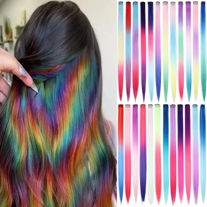 20 inch patchwork 3 color synthetic single clip rainbow color hair extensions 24 color hair extensions for girls holiday gifts — image 2
