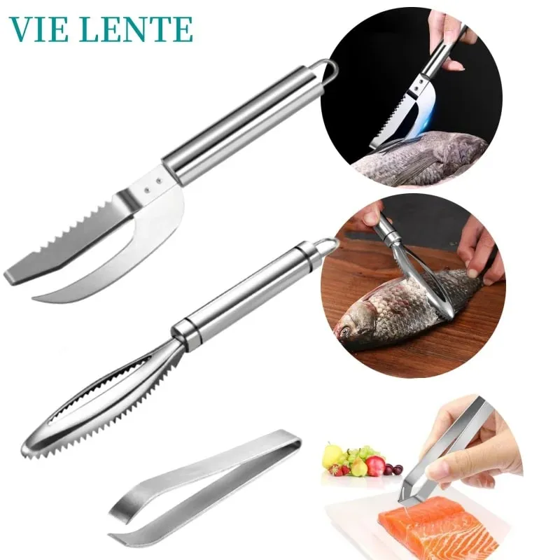 Kitchen Accessories Stainles Fish Scales Scraping Graters Fast Remove Fish Cleaning Peeler Scraper Fish Bone Tweezers Tool Gadge