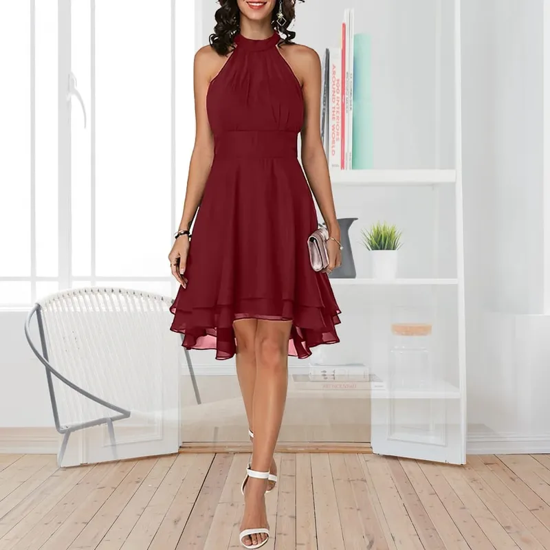 Abito elegante da donna Abito estivo solido a vita alta senza maniche con scollo all'americana Abiti longuette da donna in chiffon a strati ritagliati — image 8