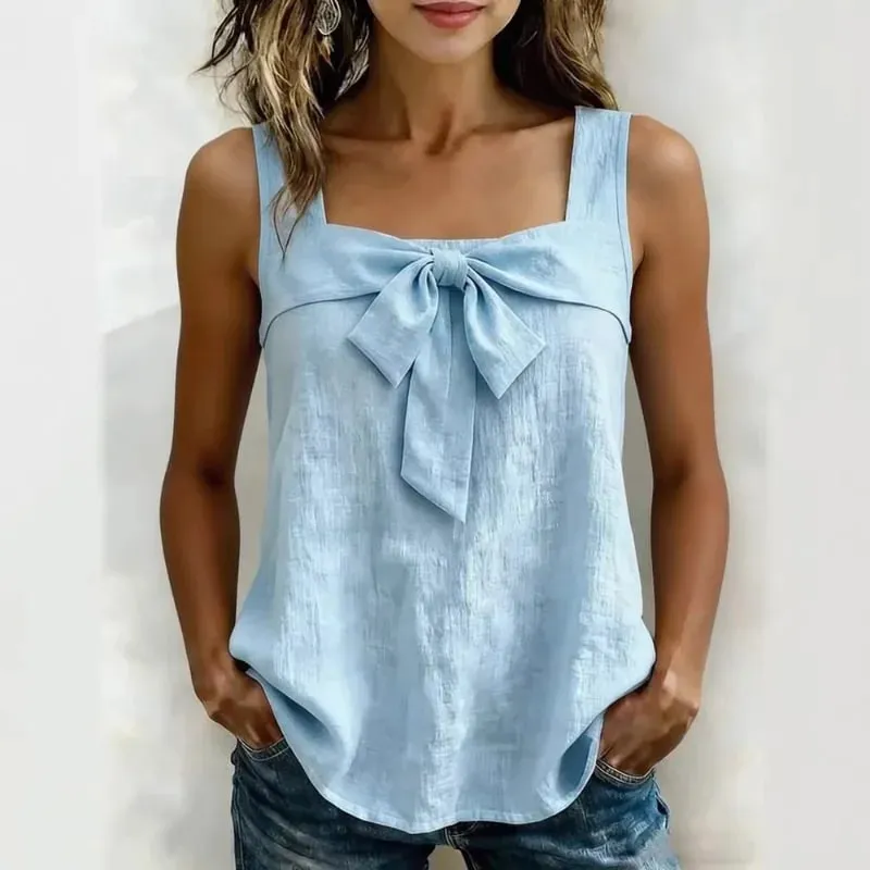 Women Square Neck Sleeveless Tank Tops Front Bow Decor Solid Color Casual Summer Ladies Camisole — image 4