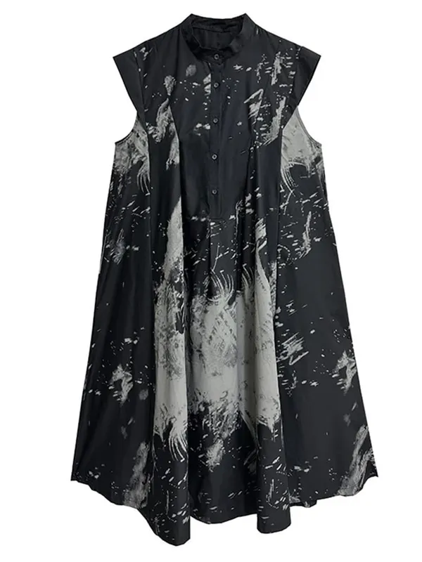 EAM Women Black Pattern Printed Big Size Midi Shirt Dress New Stand Collar Sleeveless Fashion Tide Autumn 2026 1DH5837