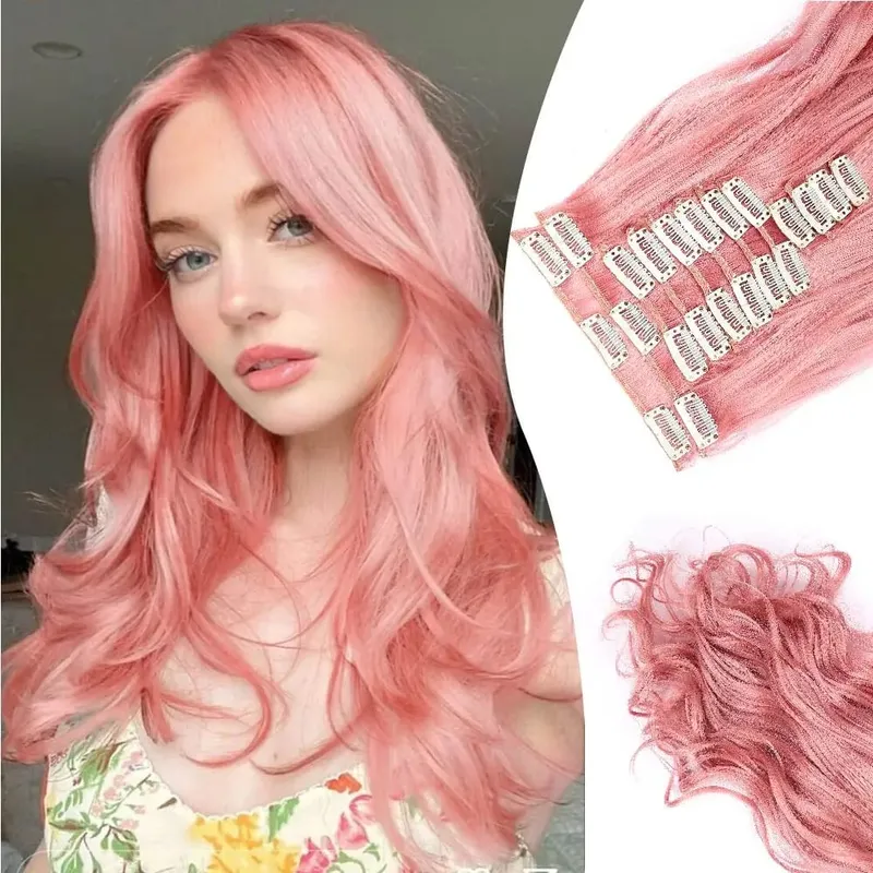 Pink Hair Extensions 12Pcs Clip in Hair Extensions 22 Inches Long Curly Hair Extensions Clip ins Soft Synthetic Hair Extensions — image 2