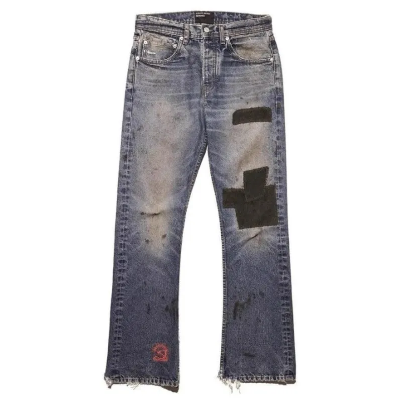 Seluar Jeans Flared Lelaki Harajuku Vintage Dibasuh Denim Seluar Patchwork Korduroi Slim Fit Kasual Streetwear Uniseks Musim Bunga Baru — image 3