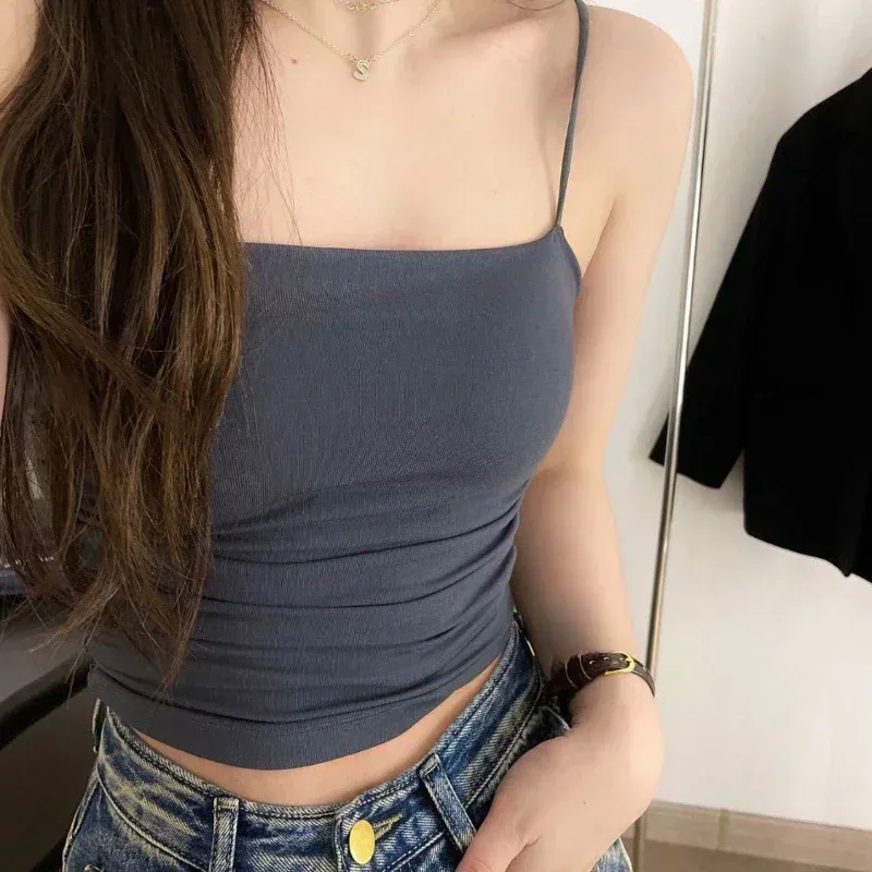 Solid All-Match Pleat Sling Vest Strap Chest Pad Inner Wear Slim Fit Slimming Short Gyaru Outer Wear Top — image 5