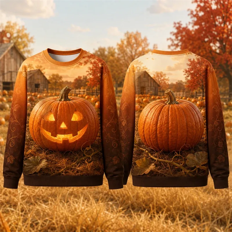 Autumn Winter Halloween Men Sweatshirt 3d Print Vintage Farm Pumpkin Lantern Pullover Sweatshirt Thanksgiving Party Unisex Top — image 2