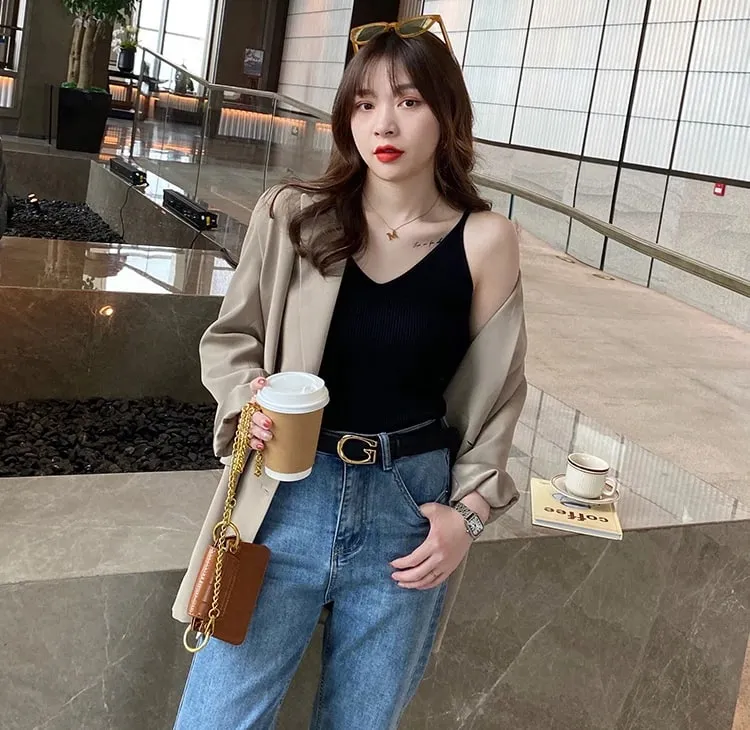 Korea Summer Tops New Solid V-Neck Elastic Knitted Suspender Camis Women's Tanks Clothing Basics Shirt — image 9